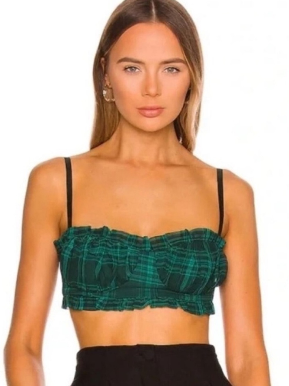 NWT Superdown Bralette Bustier Zelia Green Plaid Crop Top Bra Top Size Small NEW - Picture 2 of 10
